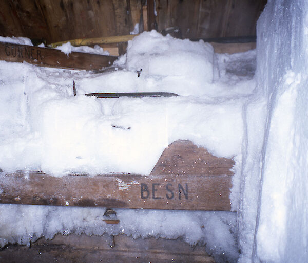 The iced-up bunk of Belgrave Edward Sutton Ninnis in Mawson's main hut, when uncovered in 2002.