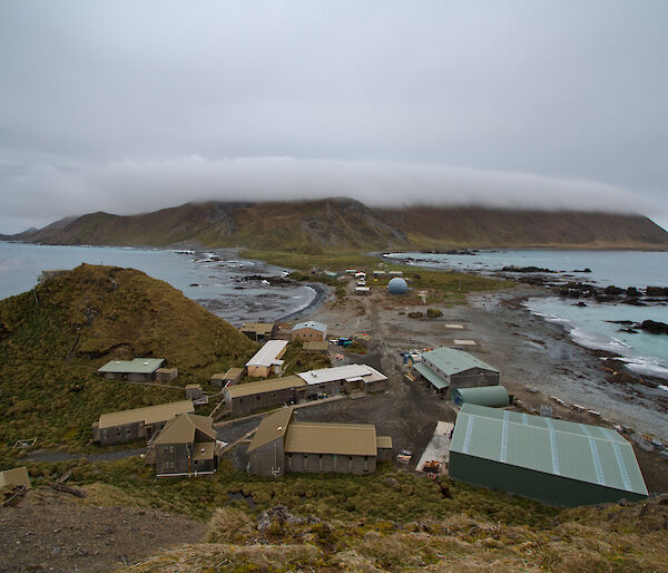 View of buildings on Macquarie Island from above.
