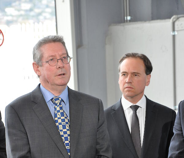 Dr Tony Press and Minister Greg Hunt at the press conference