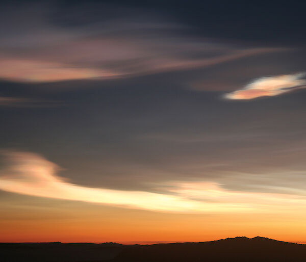 Nacreous clouds or ‘mother of pearl’ clouds photographed in the sky over Mawson, Antarctica.