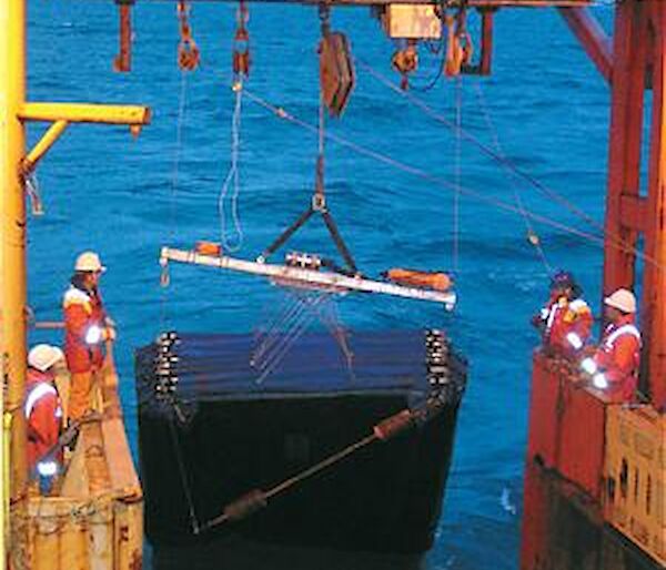 Deploying a net from the trawl deck of the Aurora Australis