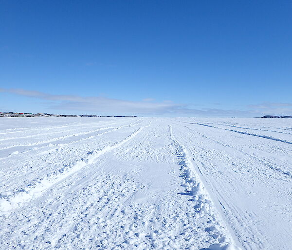 The freshly drag-beamed skiway on the sea ice at Davis