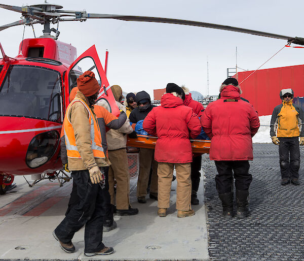 A group remove a patient on a stretcher from a helicopter.