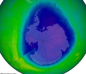 A satellite image showing the ozone hole over Antarctica, 20 September 2010. Blue and purple colours on the image depict areas of depleted ozone
