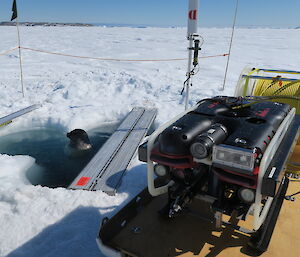 This Remotely Operated Vehicle carried a range of instruments to study the sub-surface of the ice, including a radiometer, used to take under-ice light measurements to determine algae growth and distribution in the bottom layers of the fast ice.