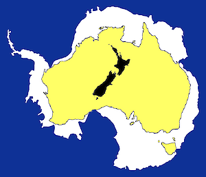 Comparison map of Antarctica, Australia and New Zealand