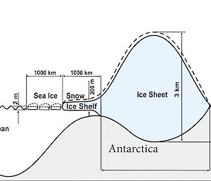 This schematic shows the relationship between ice sheets (attached to the continent), ice shelves (attached to the ice sheet but floating in the ocean), and sea ice (formed when the ocean surface freezes).