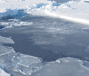 An aerial image shows large thick pieces of ice surrounding some smaller, thin ice