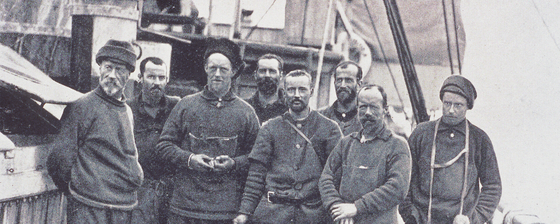 A black and white photo of a group of expeditioners.