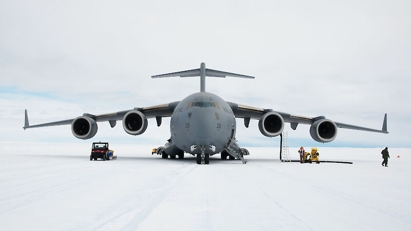 The C-17A Globemaster aircraft at Wilkins Aerodrome in East Antarctica