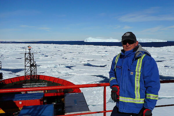 Expeditioner on ship in pack ice