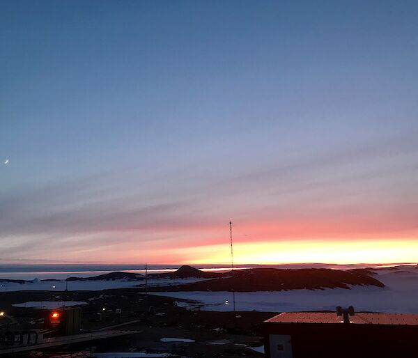 Sunrise over Mawson Station June 2019 — enjoying the sunshine before it disappears from 14–29 June 2019.