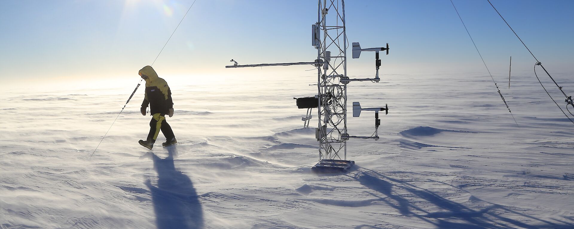 The automatic weather station in drifting snow on the plateau