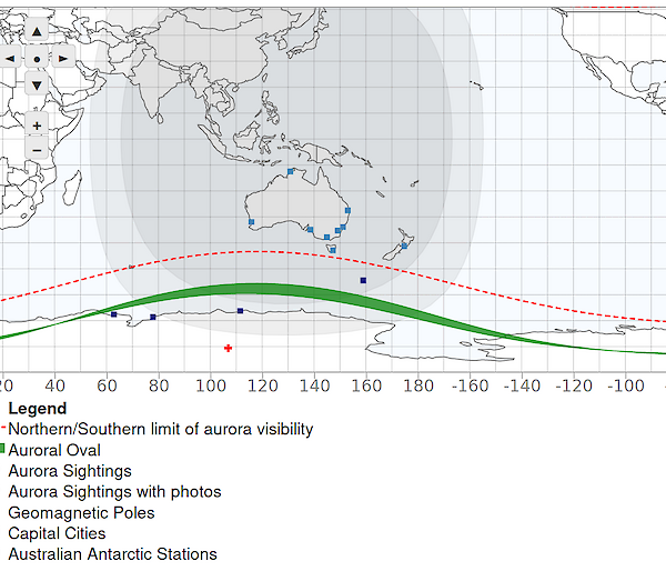 Map showing the limits of aurora visibility