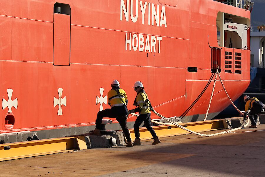 Two people standing on dock next to RSV Nuyina holding a large rope ready to secure to a post