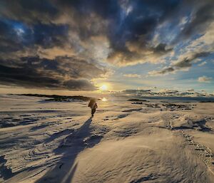 An expeditioner walks towards the coast as the sun sets on the horizon