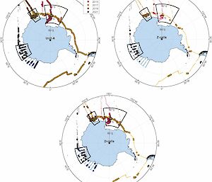 Three maps of Antarctica with different coloured dots showing where scientific instruments were deployed over different years.