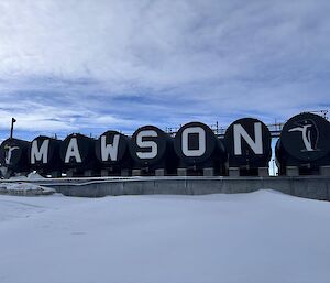The Mawson fuel farm sign, spelling out MAWSON