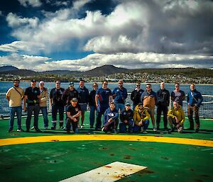 Expeditioners bound for mawson assembled on the back deck of RSV Nuyina