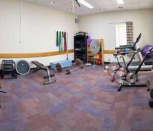 A room full of cardio equipment like rowing and running machines, free weights and exercise bikes