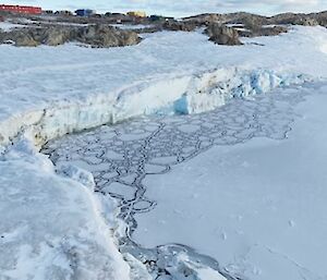 Station buildings in the distance surrounded by white snow