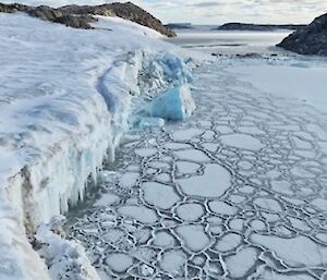 An icy white cliff to the left, above pancake ice on the sea below