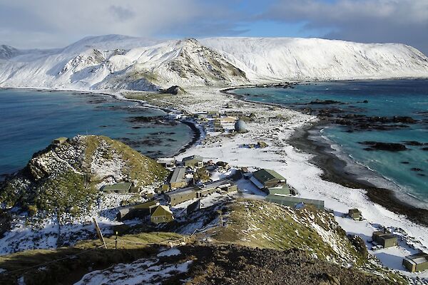 A view of the Macquarie Island research station from the top of a nearby hill