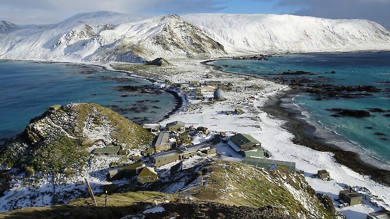 A view of the Macquarie Island research station from the top of a nearby hill