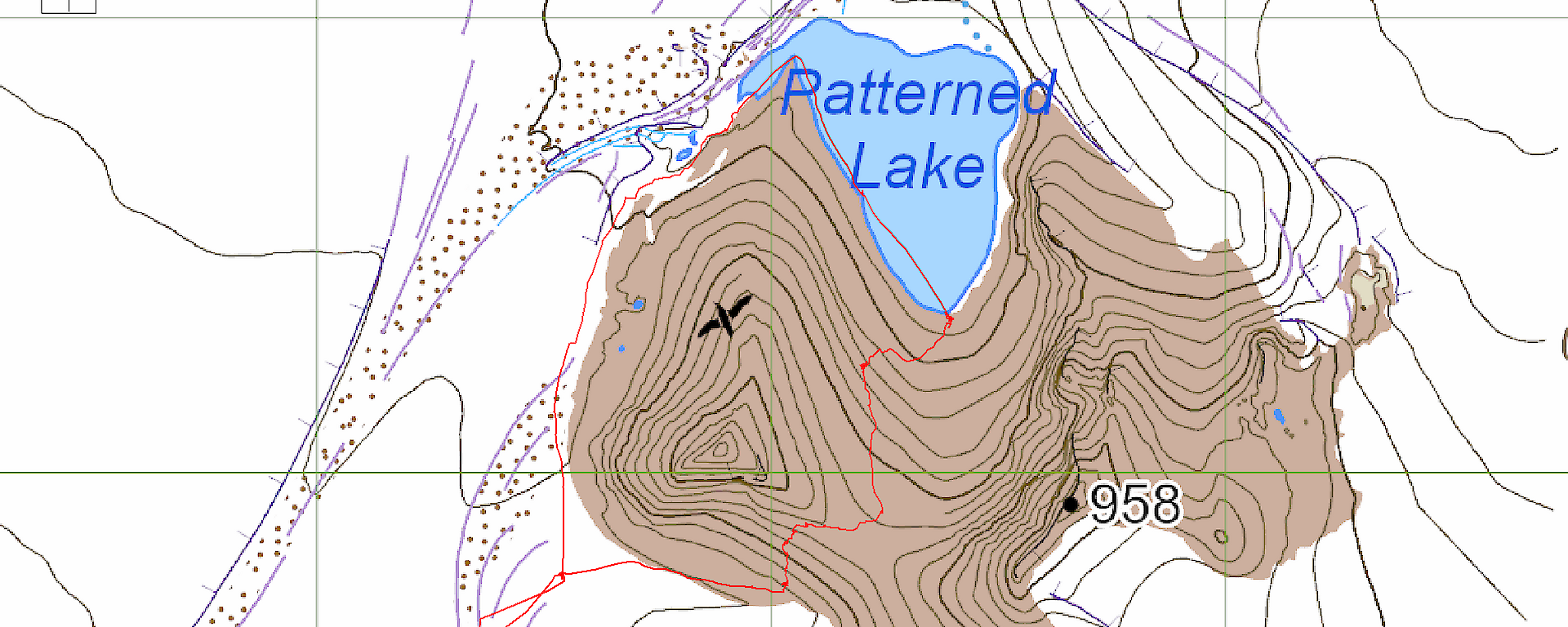 Picture of a map showing Patterned Lake surrounded by Masson Range mountain features