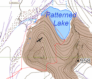 Picture of a map showing Patterned Lake surrounded by Masson Range mountain features