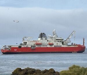 A helicopter slingloading some cargo off the stern of RSV Nuyina.