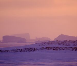 large, distant bergs under under a pink-purple hue sky with a rocky outcrop ans sea ice in foreground