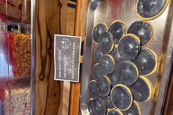 A plate full of round black cookies