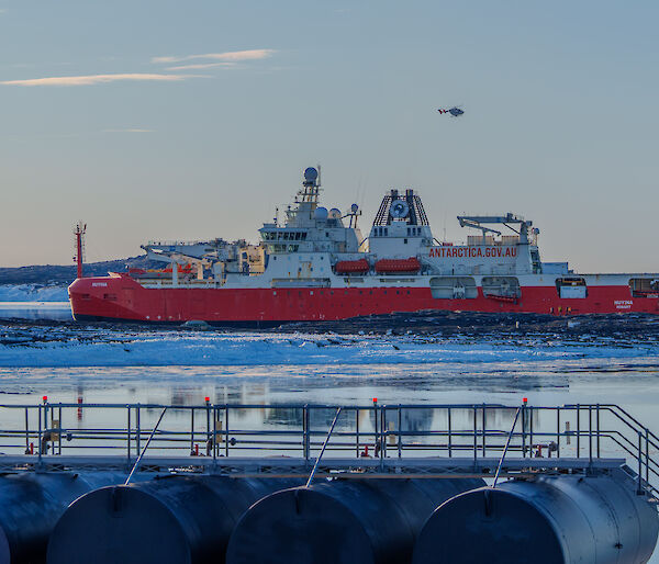 Ship RSV Nuyina in the water in front of Mawson Station, with helicopter overhead and Mawson's bulk fuel farm in immediate foreground