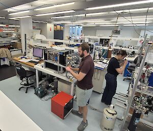 Two people standing beside high-tech scientific instrumentation in a gas analysis laboratory