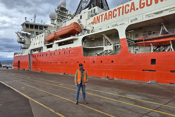 A man wearing jeans and a high visibility vest stands on tarmac in front of a large red and white ship labelled 'Antarctica', with grey cloudy skies overhead.