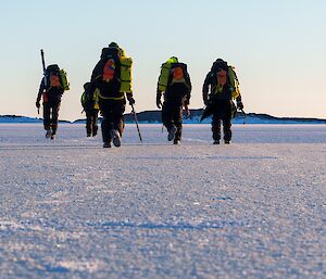 low angle photo close to the sea ice floor, of expeditioners walking into the distance.