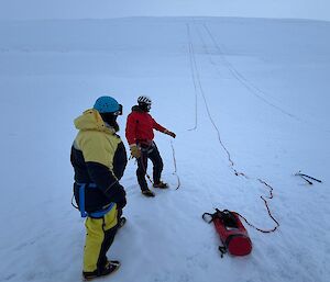 Two people standing on the ice holding ropes