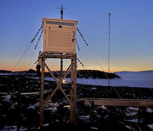 An early morning picture of a BoM Stevenson Screen - a white box on struts that measures temperature