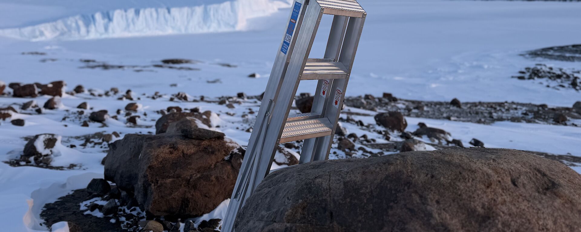 A ladder propped up against a large rock, overlooking the sea ice and ice cliffs in the background