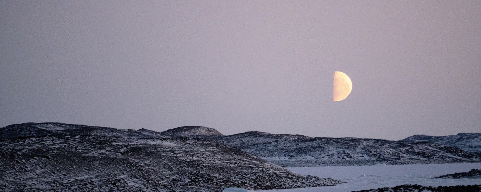 A half-moon is very clearly visible in s pink/blue sky above a snowy landscape
