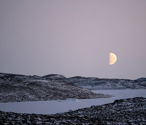 A half-moon is very clearly visible in s pink/blue sky above a snowy landscape