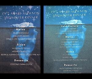 Picture of two menus showing options on offer for the night