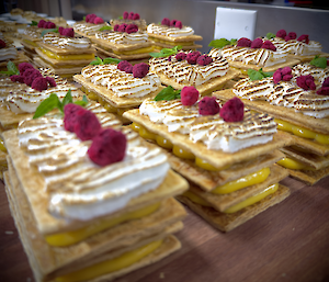 Picture of multi-layered desserts with colourful dried raspberries and mint on top.