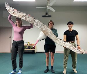 Three women holding up a life-sized model of a wandering albatross.