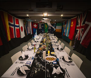 The albatross model hanging above a table set for a midwinter feast.