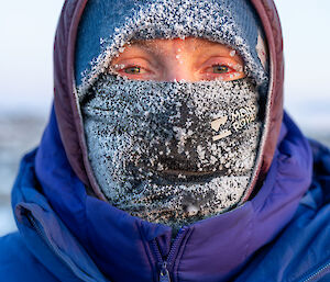 A portrait shot of an expeditioner with multiple jackets on and wearing a buff and beanie covered in ice - with only eyes showing.