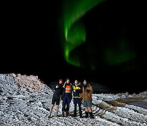 Four people, two in shorts, standing underneath a black sky with a brilliant green ribbon of an aurora.