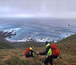 Two people help each other up a steep grassy slope with the wild sea behind them