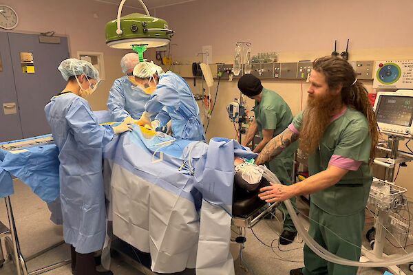 Five people wearing medical scrubs gather around a dummy laying on an operating table